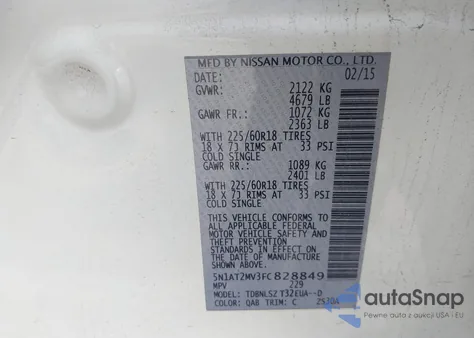 2015 Nissan Rogue Sl z USA, uszkodzony, nr VIN 5N1AT2MV3FC828849